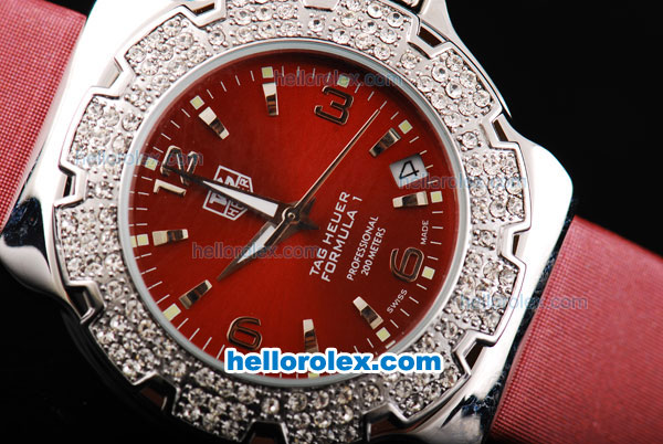Tag Heuer Formula 1 Quartz Movement Silver Case with Diamond Bezel-Red Dial and Red Leather Strap-Lady Size - Click Image to Close
